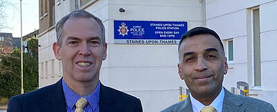 Paul Kennedy and Harry Boparai outside Staines Police station